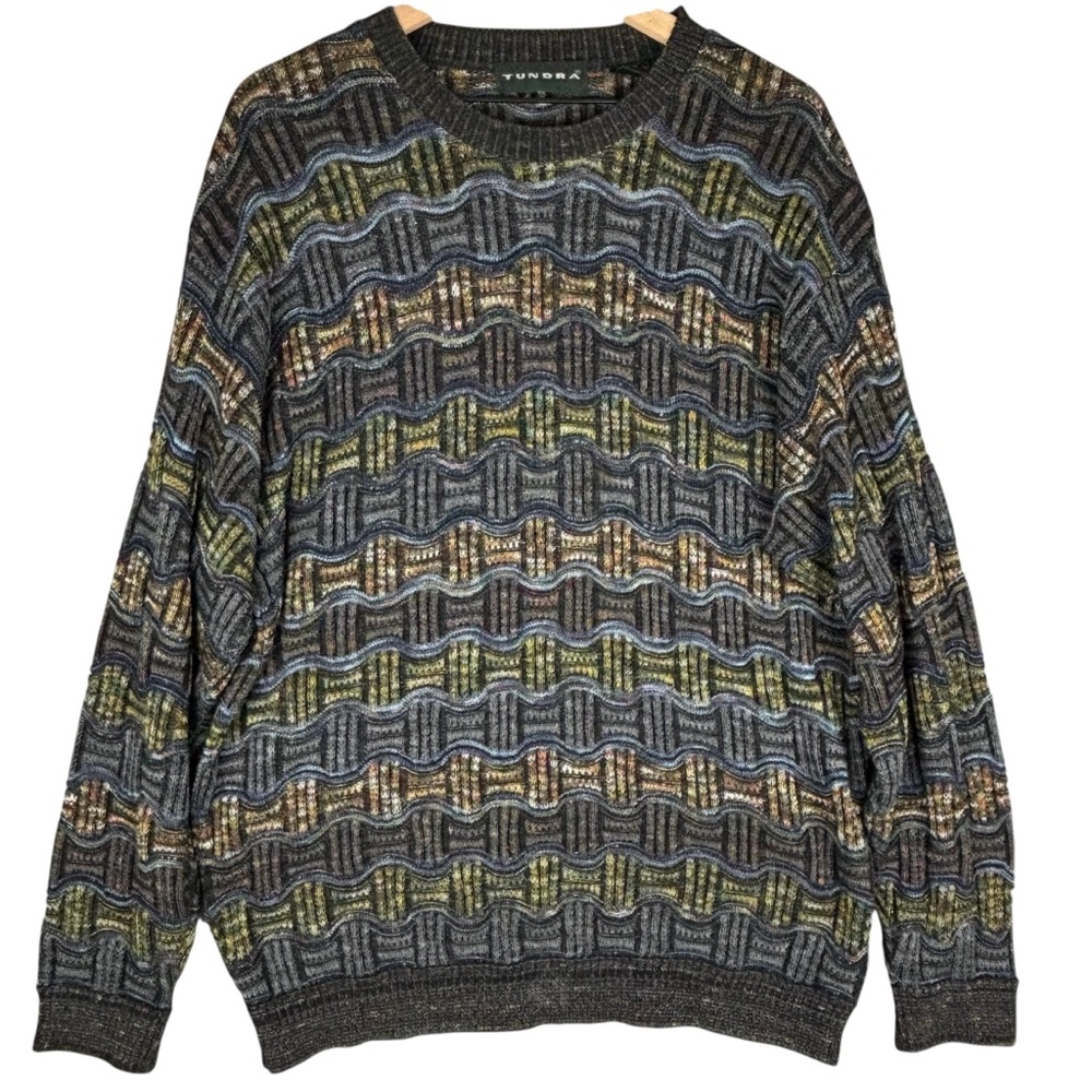 Vintage Tundra Sweater Mens Large Multicolor 3D Knit Textured Crewneck 90’s